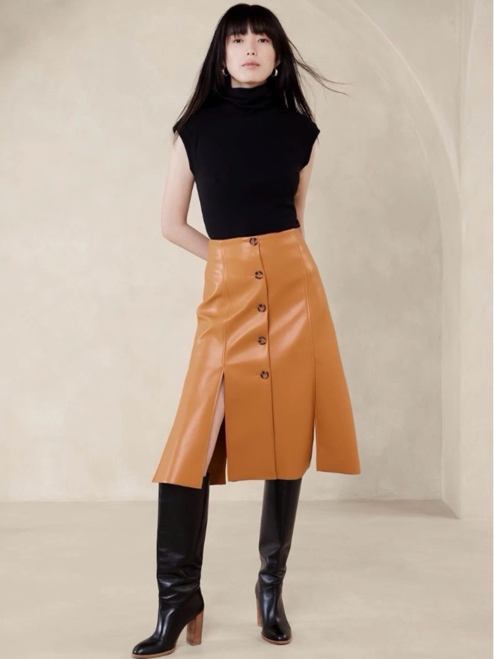 Banana Republic Camel Button-Front Faux Leather Midi Skirt NWT